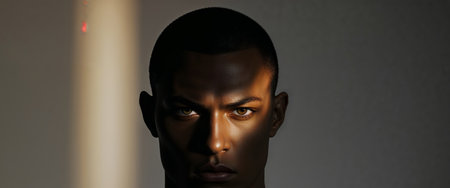AI Generated. Captivating Character Design with Intense Focus and Angular Facial Structure in Chiaroscuro Lightingの素材