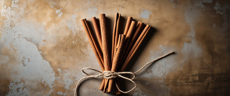 AI Generated. Cinnamon Sticks Tied with Natural Twine on Rustic Wooden Backgroundの素材