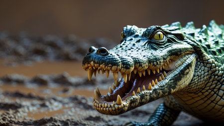 AI Generated. A close up of a crocodile with its mouth open in the mudの素材