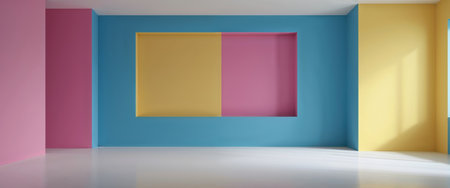 AI Generated. A colorful room with a blue wall and pink and yellow wallsの素材