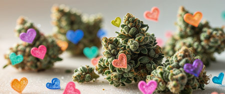 AI Generated. Colorful Hearts on Cannabis Buds Backgroundの素材