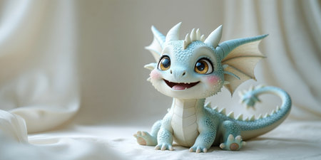 AI Generated. Cute animated dragon character sitting on a light background with a cheerful expressionの素材