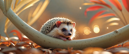 AI Generated. Cute hedgehog resting in an open palm with warm autumn colors in the background during a sunny dayの素材
