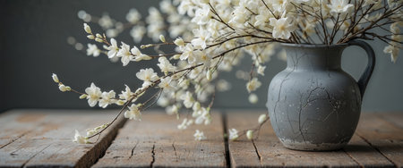 AI Generated. delicate creamy white flower branches in a gray vase on a rustic wooden tableの素材