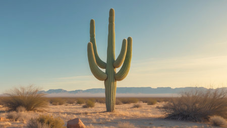 AI Generated. A desert landscape with a large cactus in the foregroundの素材