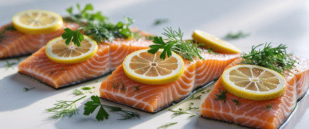 AI Generated. Fresh Salmon Fillets with Lemon Wedges and Green Herbs Garnishの素材