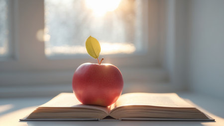 AI Generated. Fresh red apple resting on an open book with morning sunlight streaming through a windowの素材