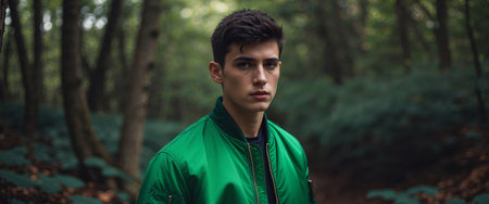 AI Generated. green bomber jacket with young man model in the woodsの素材