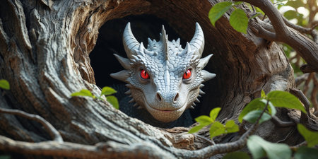 AI Generated. Gray Dragon with Red Eyes Hidden in Tree Trunkの素材