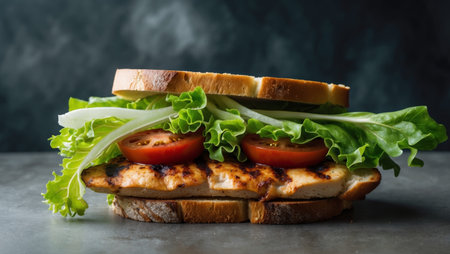 AI Generated. Grilled chicken sandwich with fresh lettuce and tomatoes on toasted bread in a dark settingの素材