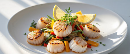 AI Generated. Grilled Scallops and Vegetables with Fresh Herbs and Lemon Slicesの素材