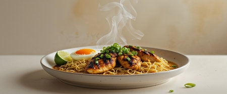 AI Generated. Grilled Chicken Curry Noodles Dish With Eggsの素材