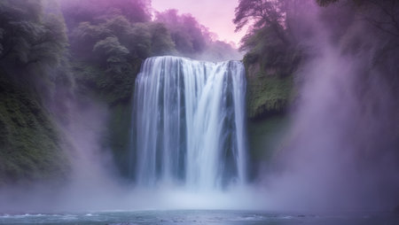 AI Generated. A beautiful waterfall cascades into a mystical purple and pink settingの素材