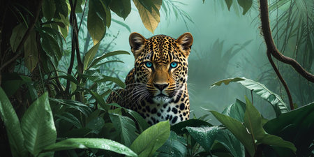 AI Generated. Majestic Leopard Emerging from Lush Tropical Foliage with Striking Blue Eyes in Enigmatic Jungle Settingの素材