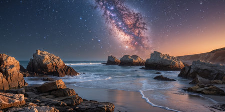AI Generated. Milky Way Galaxy Over Coastal Rocks at Sunsetの素材