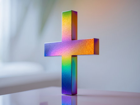 AI Generated. Metallic cross with colorful gradient on a reflective surfaceの素材