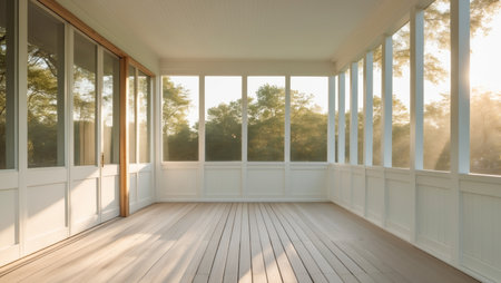 AI Generated. Modern screened porch enclosure with plastic windows and composite floor with summer woodの素材