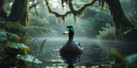 AI Generated. Mysterious Duck Emerging from Dark Water Amid Lush Foliageの素材