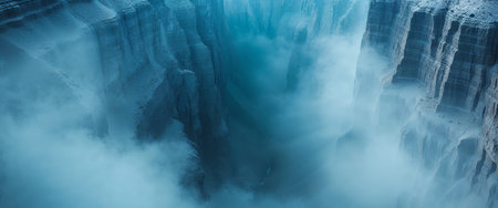 AI Generated. Mystical vertical perspective in a deep canyon filled with a cool blue light and fogの素材