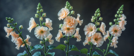 AI Generated. Peach Hollyhocks Bloom on Dark Backgroundの素材