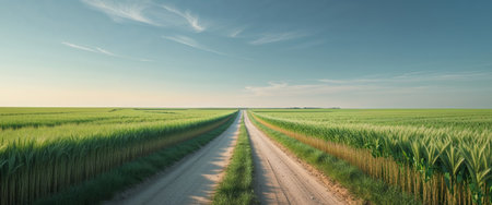 AI Generated. Serene Summer Landscape Featuring Dirt Road Through Green Wheat Fields Under Bright Blue Sky With Empty Space For Text and Creative Useの素材