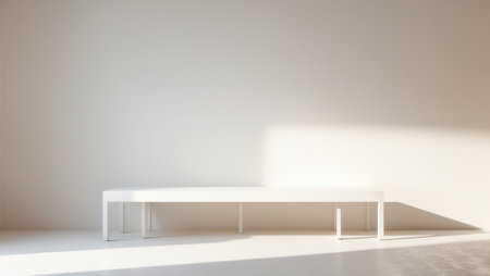 AI Generated. A white wall with a bench in front of itの素材