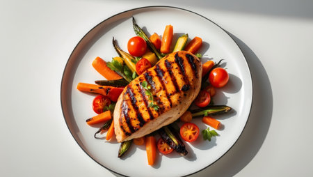 AI Generated. Grilled Chicken Breast with Colorful Roasted Vegetables Platterの素材