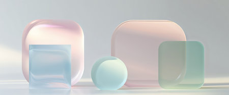 AI Generated. Translucent geometric shapes reflect soft pastel colors and smooth surfacesの素材