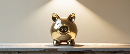 AI Generated. Shiny Golden Piggy Bank on a Table with Soft Background Lightingの素材
