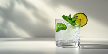 AI Generated. Refreshing Glass of Alcohol with Mint and Lime Garnish in Bright Lightの素材