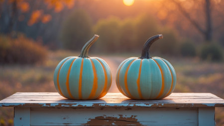 AI Generated. Two illuminated pumpkins sitting on a wooden table outside at sunsetの素材