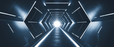 AI Generated. Futuristic tunnel with bright light emanating from the end of the passageway in a digital art settingの素材