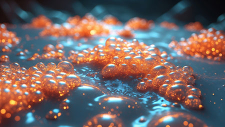 AI Generated. Intricate macro view of glowing foam with orange bubbles illuminated by light in a dark settingの素材