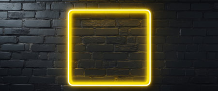 AI Generated. Bright yellow neon square frame glowing on a dark brick wall backgroundの素材