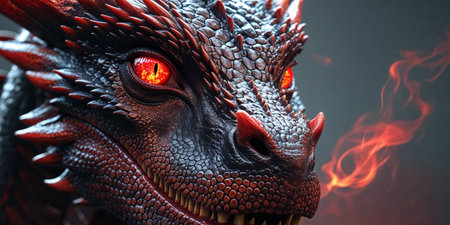 AI Generated. close up of a fierce dragon face with fiery red eyesの素材
