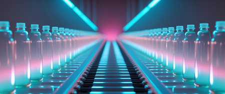 AI Generated. Conveyor Belt of Glass Bottles in Neon Lightの素材