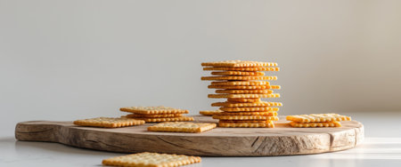 AI Generated. Crispy Golden Crackers Stack on Wooden Boardの素材