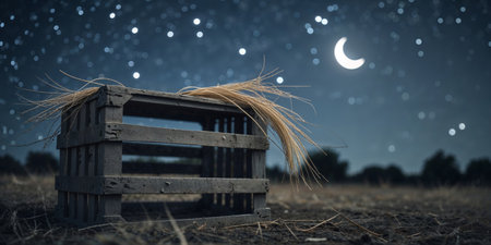 AI Generated. Mysterious wooden crate with straw in a starry night landscapeの素材