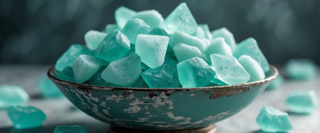 AI Generated. Teal Crystal Sugar Candy in Vintage Bowl Dark Backgroundの素材