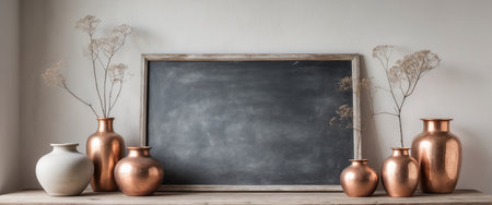 AI Generated. Rustic Still Life with Chalkboard and Copper Vasesの素材