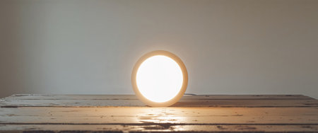 AI Generated. A bright light on a wooden table in a tight shotの素材