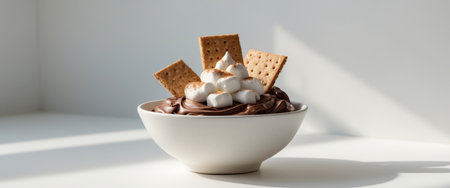 AI Generated. A bowl of chocolate and marshmallow cream with a few pieces of graham crackers on topの素材