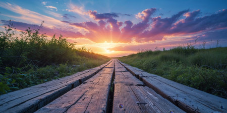 AI Generated. A wooden pathway leading to a bright and colorful skyの素材