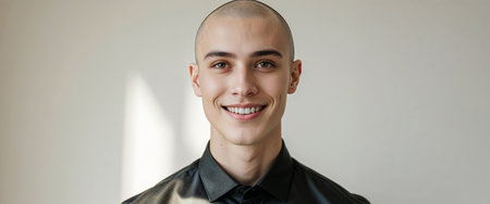 AI Generated. A young man with a shaved head and a black shirt is smilingの素材