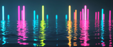 AI Generated. Abstract Neon Lights Reflecting On Water Surfaceの素材