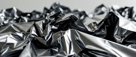 AI Generated. Abstract metallic texture of crumpled black foil for modern design and decorationの素材