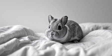 AI Generated. Adorable furry creature with large eyes resting on a bedの素材