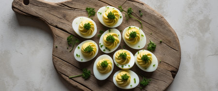 AI Generated. Appetizing deviled eggs adorned with fresh herbs on a rustic wooden board showcasing culinary delight and gourmet presentation perfect for food blogの素材