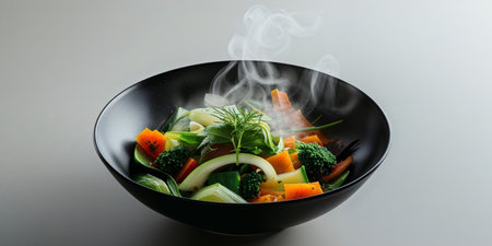 AI Generated. Aromatic Steaming Vegetable Salad in a Black Bowlの素材