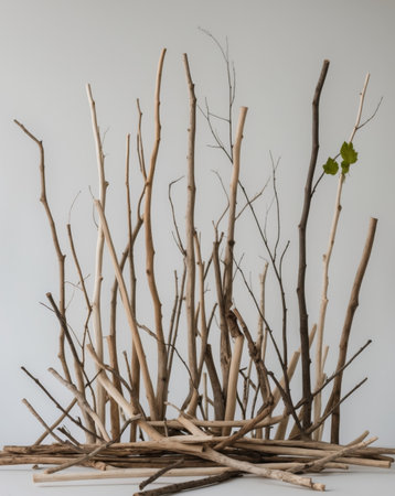 AI Generated. Assorted natural wood sticks and twigs backgroundの素材